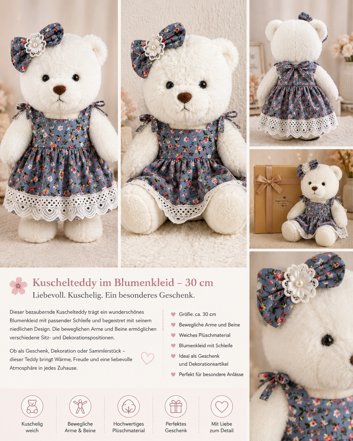 Kuschelteddy im Blumenkleid (30 cm) | Geschenk & Dekoration