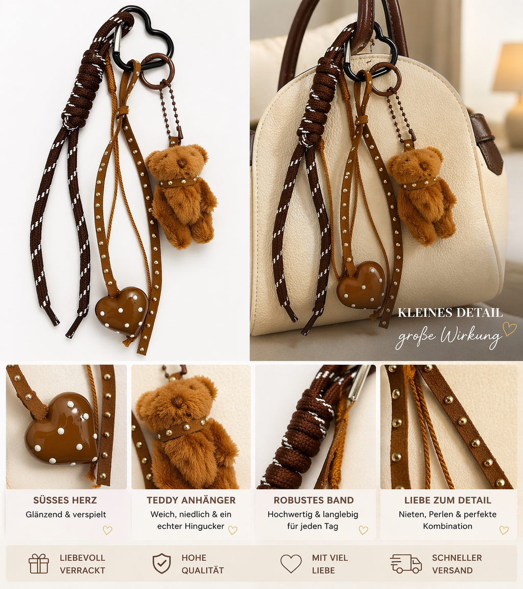 Eleganter Teddy Schlüsselanhänger Braun – Taschenanhänger mit Herz & Lederband-Geschenkidee - Little Gift Box