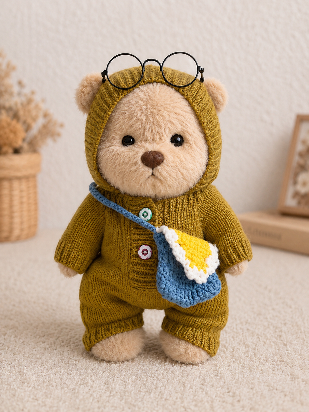 Teddy im Strickanzug mit Tasche und Brille(30cm) -Geschenk & Dekoration