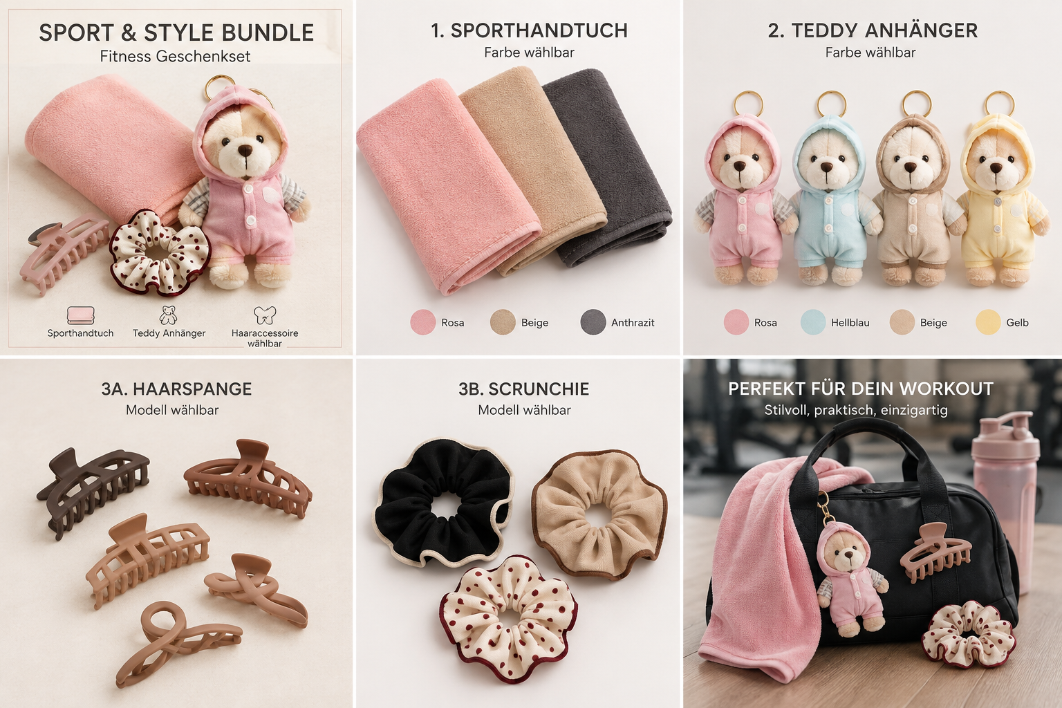 Sport & Style Bundle – Fitnesshandtuch, Teddy-Anhänger, Scrunchie & Haarklammer
