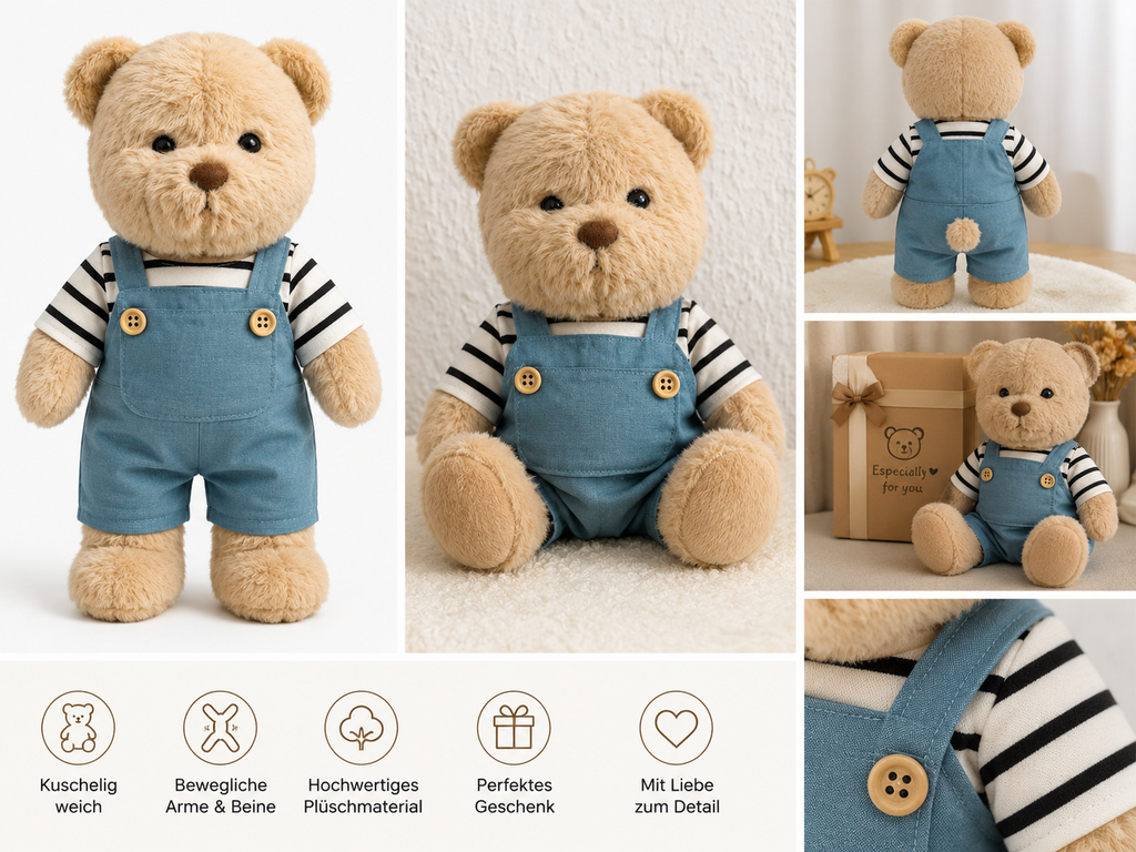 Kuschelteddy in blauer Latzhose – 30 cm Plüschteddy | Süßes Geschenk -& Dekorationsartikel